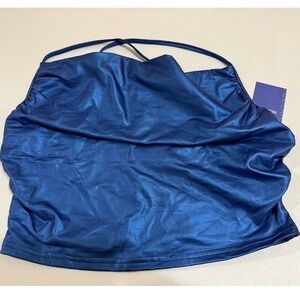 Floerns Metallic Blue Cowl Neck Halter Top Open Back Cropped Festival Clubwear